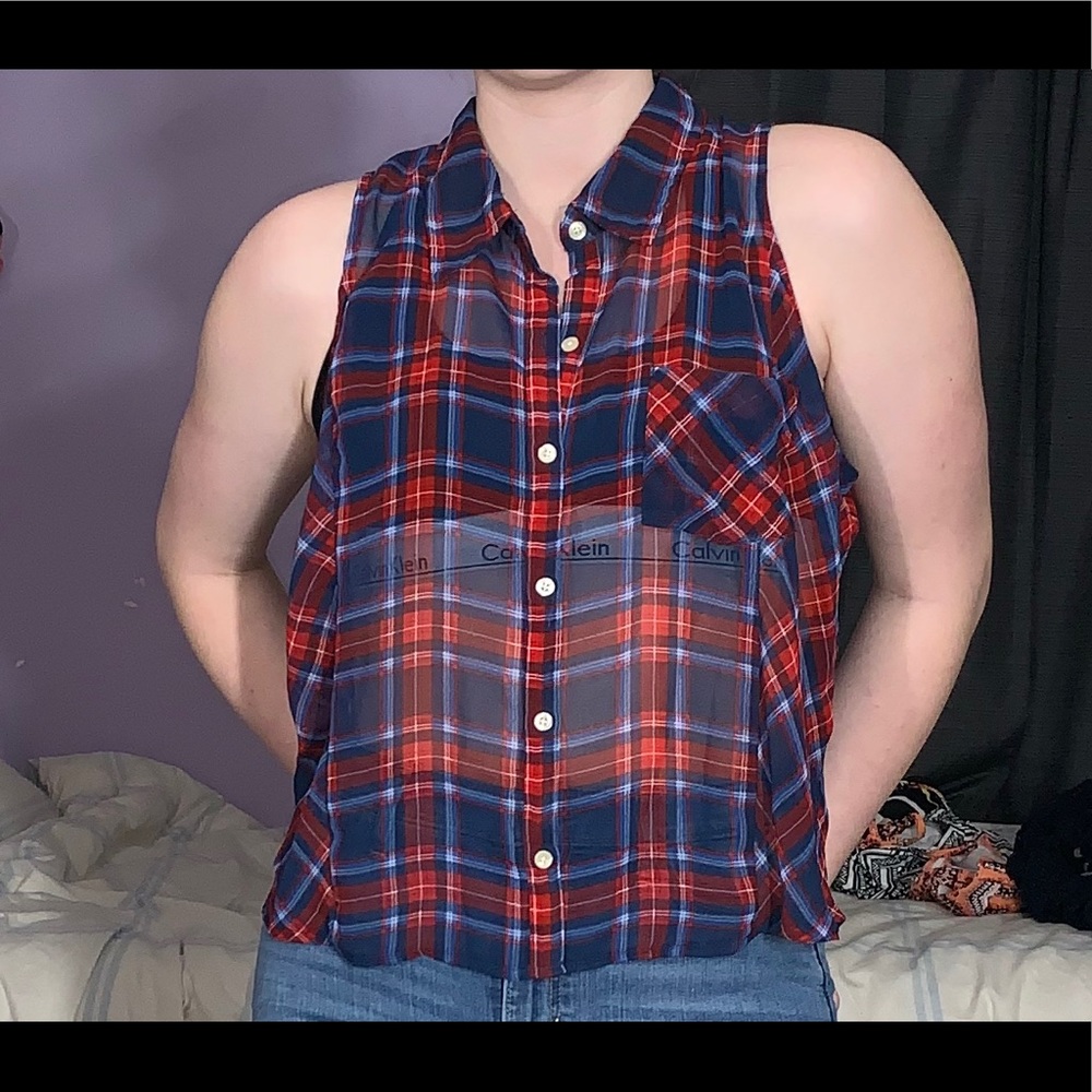 Sheer button-up flannel tank-top
